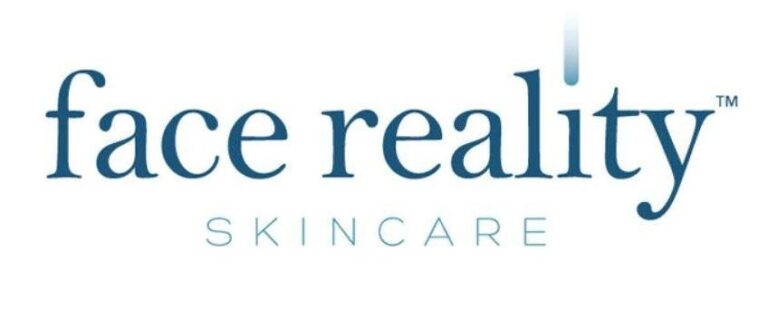 The image shows the "face reality SKINCARE" logo in blue text on a white background, highlighting a clean and professional approach to skincare similar to Alastin Skincare.