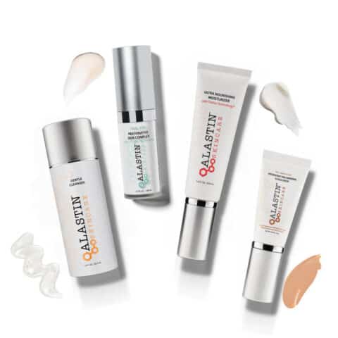 Four Alastin Skincare products with swatches of their contents are arranged on a white background, showcasing the innovative formulas that define Alastin’s approach to skincare.