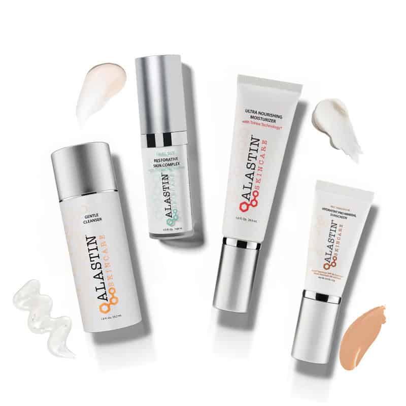 Four Alastin Skincare products with swatches of their contents are arranged on a white background, showcasing the innovative formulas that define Alastin’s approach to skincare.