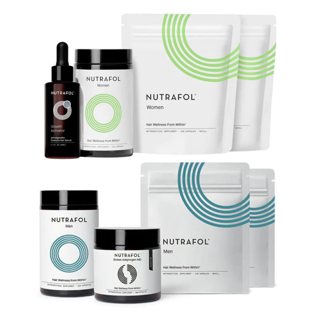 Nutrafol hair wellness products for men and women, including bottles, jars, a dropper, and resealable pouches arranged against a white background.