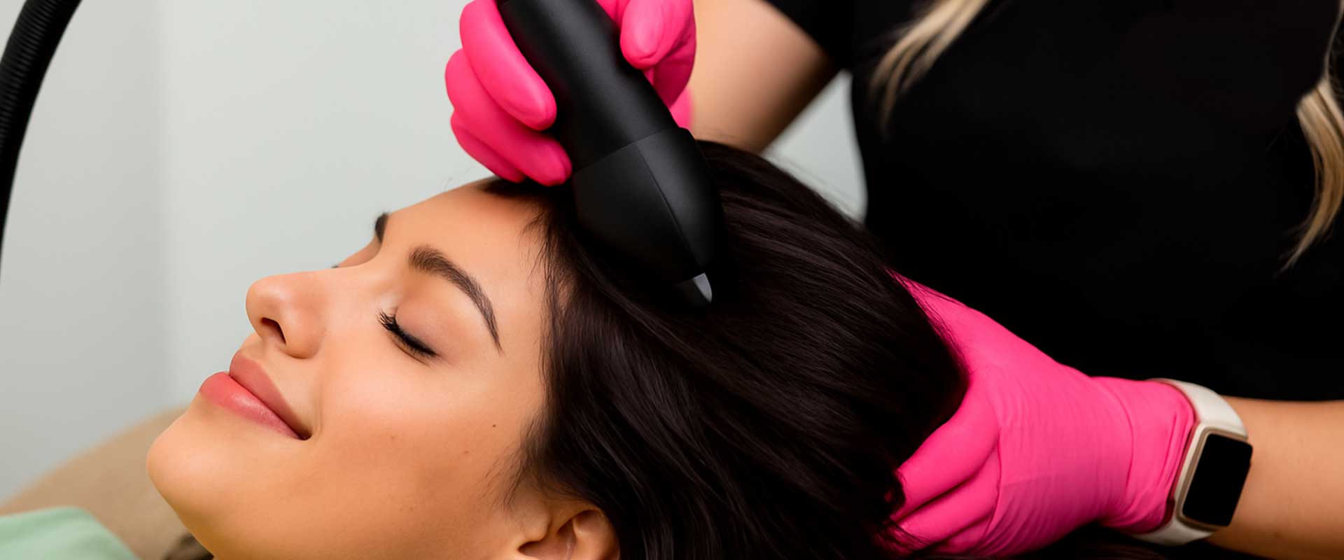 A person with closed eyes receives an Alma Ted hair restoration scalp treatment from a professional wearing pink gloves, using a handheld device on their head.