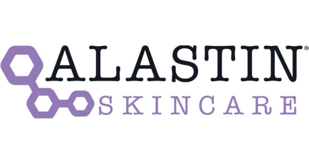 Alastin Skincare logo featuring stylized hexagons on the left and the Alastin company name in black and purple text on a white background.