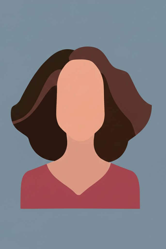Minimalistic illustration by Kat Mortlock of a faceless person with medium-length dark hair, wearing a V-neck maroon top, set against a plain blue background.