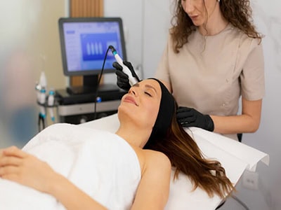 A woman receives a facial treatment with a handheld device from a technician wearing gloves in a clinical setting.