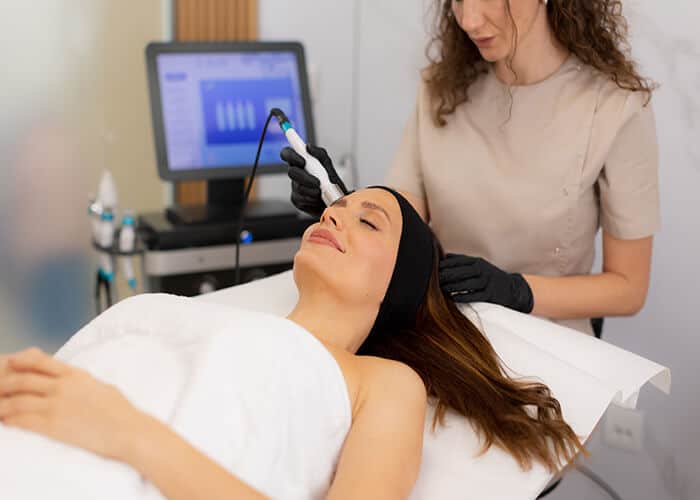 A woman lies on a treatment bed with her eyes closed while a practitioner uses a handheld device on her face in a clinical setting.