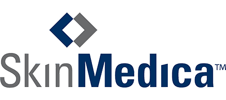 SkinMedica logo with a stylized geometric design above the brand name, featuring gray and navy blue text on a white background—an elegant look that reflects the premium nature of leading skincare brands like Alastin Skincare.