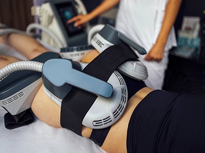 A person receives an Emsculpt Neo body sculpting treatment with two large applicators strapped to their midsection while a technician adjusts a control panel.